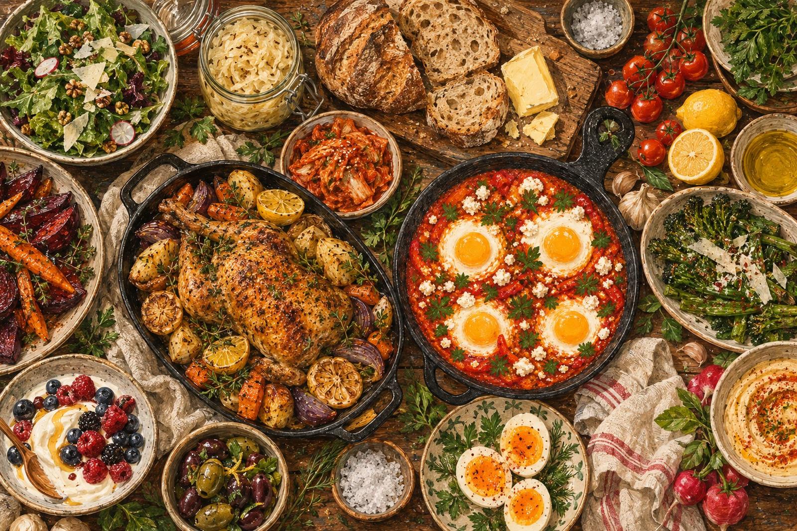 Illustration of a farmhouse table covered with home-cooked food